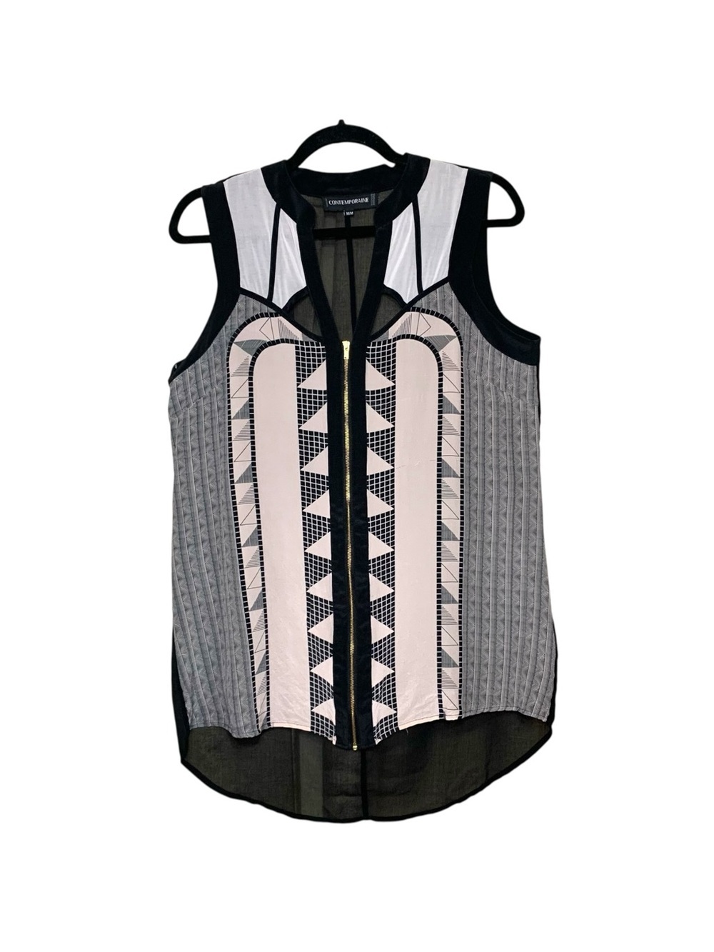 Simons Black Beige 100% Silk Sleeveless Top Front Zip Sz M Flowy Sheer Shirt